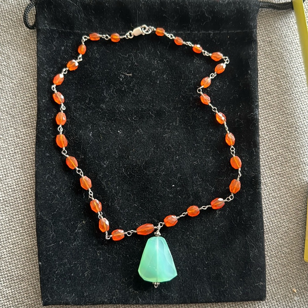 Sterling silver, carnelian and maybe chalcedony necklace 16”